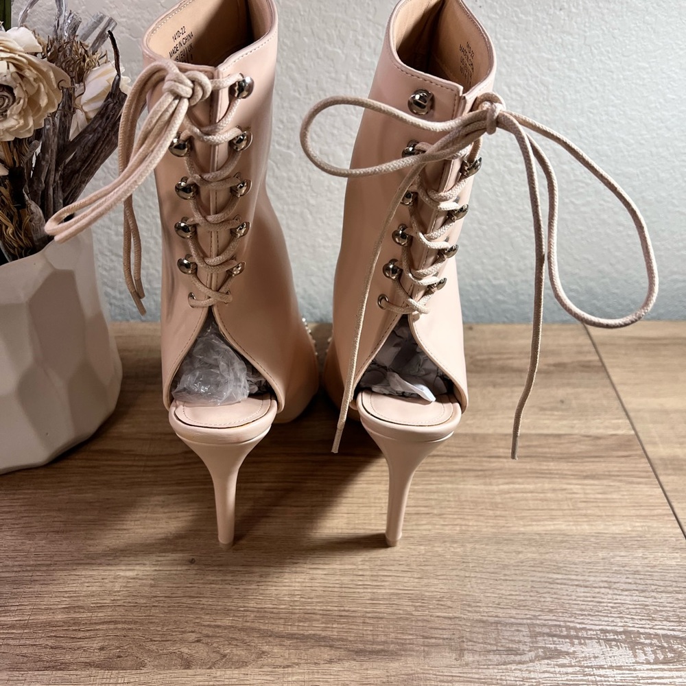 Nude Studded Booties with Lace Open Back Leather boots - Picture 11 of 12